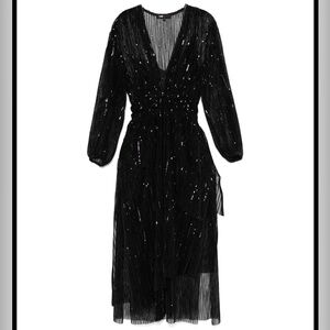 Maje Brand Black Sequin Plisse Long Sleeve Midi Cocktail padded Dress.Size 40.